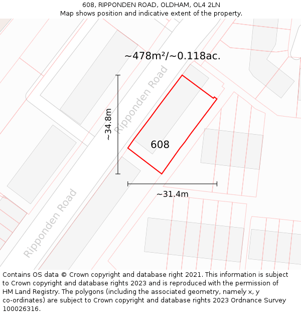 608, RIPPONDEN ROAD, OLDHAM, OL4 2LN: Plot and title map