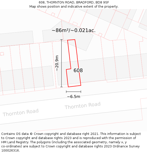 608, THORNTON ROAD, BRADFORD, BD8 9SF: Plot and title map