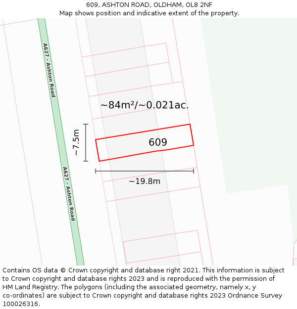 609, ASHTON ROAD, OLDHAM, OL8 2NF: Plot and title map