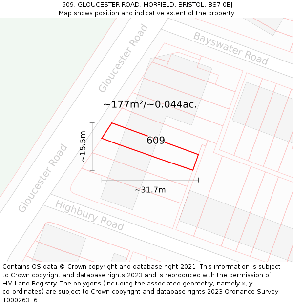 609, GLOUCESTER ROAD, HORFIELD, BRISTOL, BS7 0BJ: Plot and title map