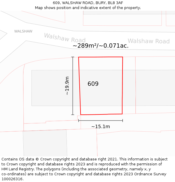 609, WALSHAW ROAD, BURY, BL8 3AF: Plot and title map