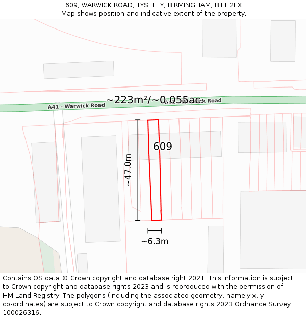 609, WARWICK ROAD, TYSELEY, BIRMINGHAM, B11 2EX: Plot and title map
