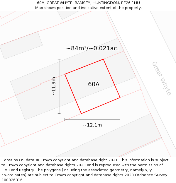 60A, GREAT WHYTE, RAMSEY, HUNTINGDON, PE26 1HU: Plot and title map