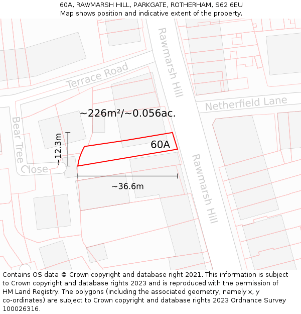 60A, RAWMARSH HILL, PARKGATE, ROTHERHAM, S62 6EU: Plot and title map
