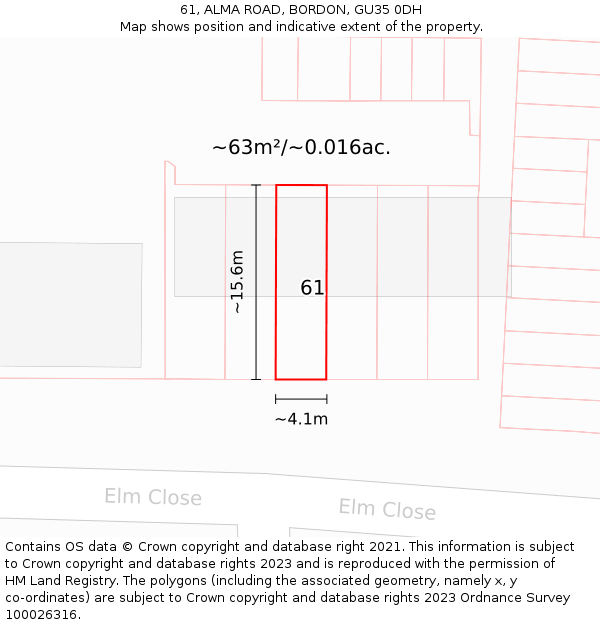 61, ALMA ROAD, BORDON, GU35 0DH: Plot and title map