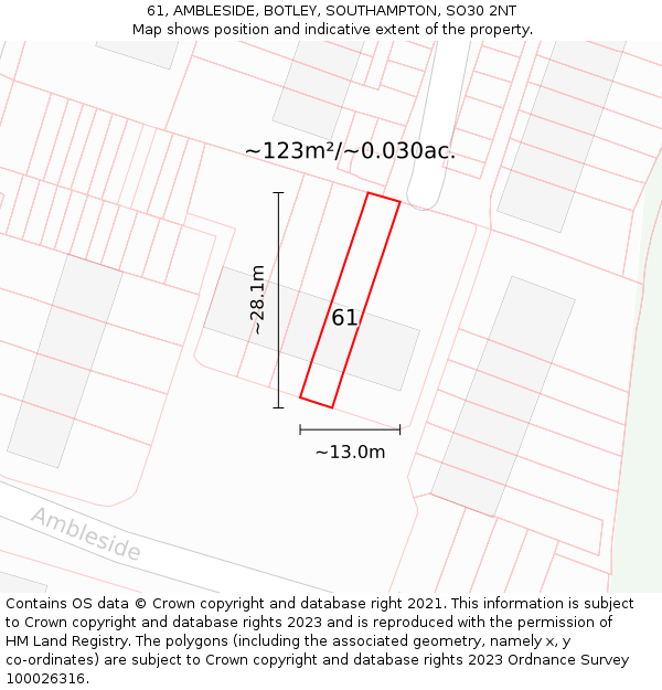 61, AMBLESIDE, BOTLEY, SOUTHAMPTON, SO30 2NT: Plot and title map