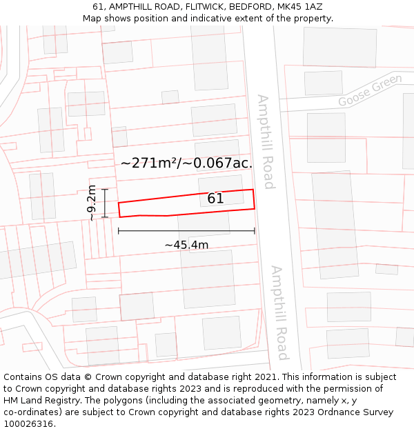 61, AMPTHILL ROAD, FLITWICK, BEDFORD, MK45 1AZ: Plot and title map