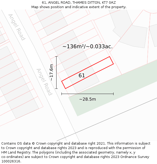 61, ANGEL ROAD, THAMES DITTON, KT7 0AZ: Plot and title map