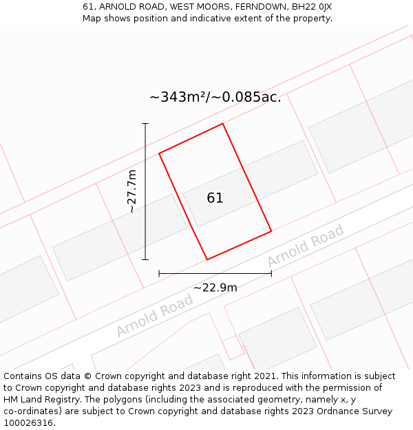 61, ARNOLD ROAD, WEST MOORS, FERNDOWN, BH22 0JX: Plot and title map
