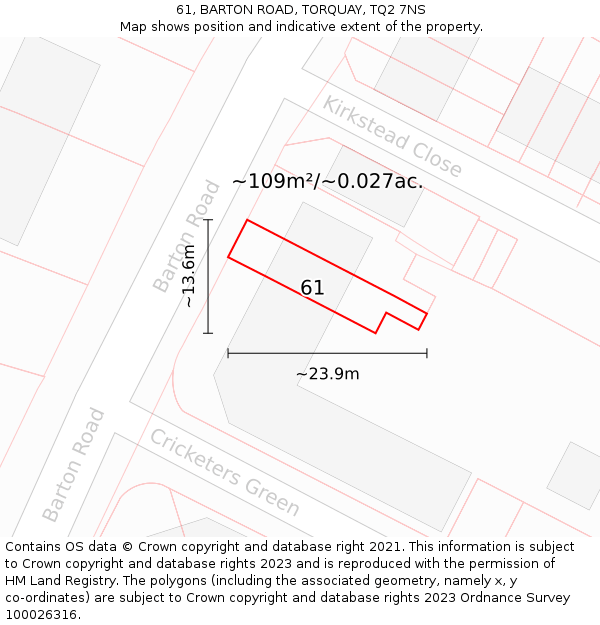 61, BARTON ROAD, TORQUAY, TQ2 7NS: Plot and title map