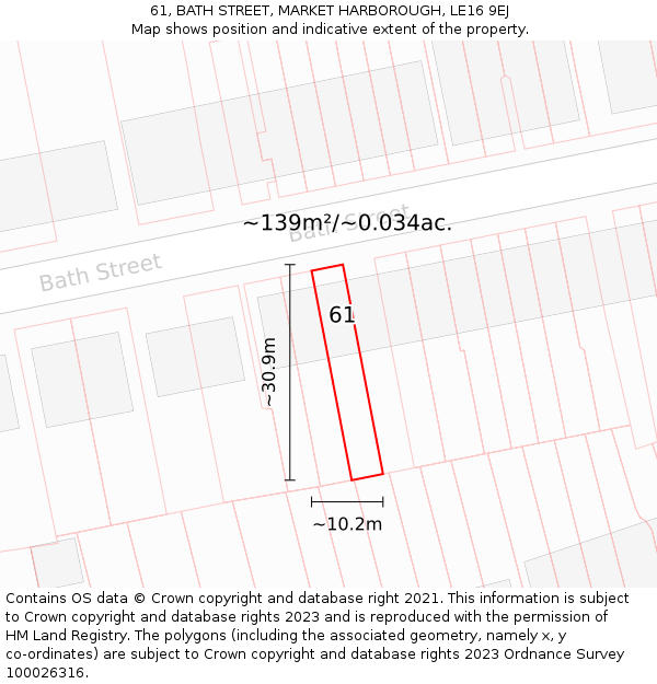 61, BATH STREET, MARKET HARBOROUGH, LE16 9EJ: Plot and title map