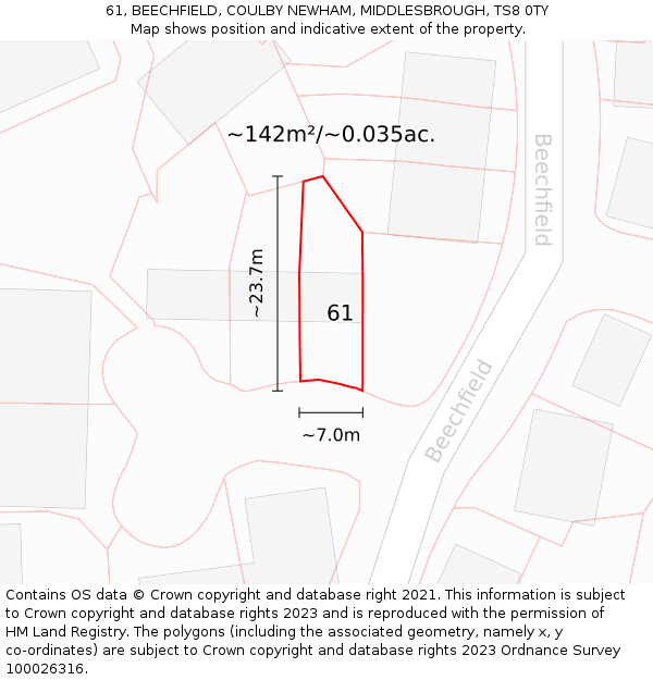 61, BEECHFIELD, COULBY NEWHAM, MIDDLESBROUGH, TS8 0TY: Plot and title map