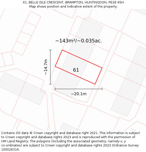 61, BELLE ISLE CRESCENT, BRAMPTON, HUNTINGDON, PE28 4SH: Plot and title map