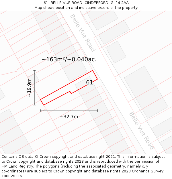 61, BELLE VUE ROAD, CINDERFORD, GL14 2AA: Plot and title map