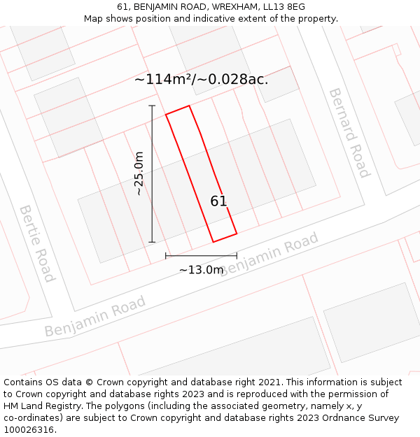61, BENJAMIN ROAD, WREXHAM, LL13 8EG: Plot and title map