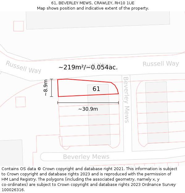 61, BEVERLEY MEWS, CRAWLEY, RH10 1UE: Plot and title map