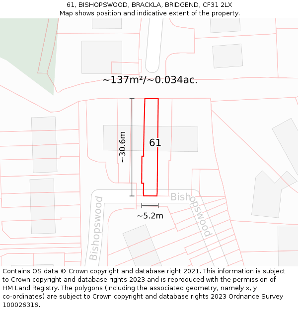 61, BISHOPSWOOD, BRACKLA, BRIDGEND, CF31 2LX: Plot and title map