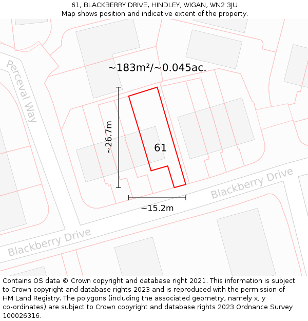 61, BLACKBERRY DRIVE, HINDLEY, WIGAN, WN2 3JU: Plot and title map