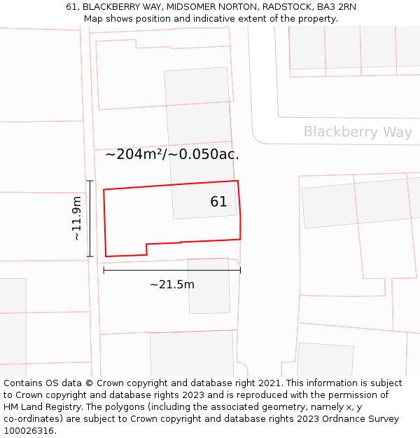 61, BLACKBERRY WAY, MIDSOMER NORTON, RADSTOCK, BA3 2RN: Plot and title map