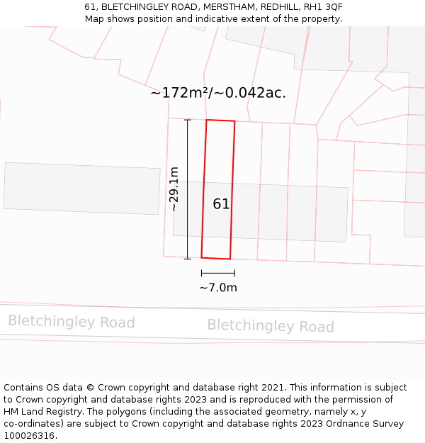 61, BLETCHINGLEY ROAD, MERSTHAM, REDHILL, RH1 3QF: Plot and title map