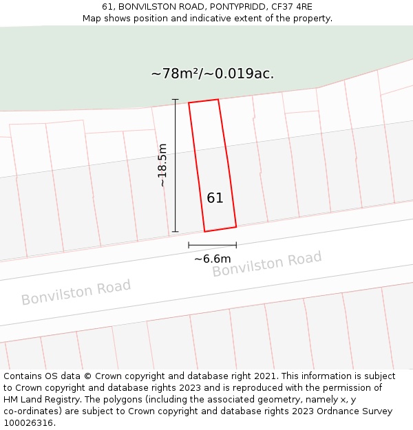 61, BONVILSTON ROAD, PONTYPRIDD, CF37 4RE: Plot and title map