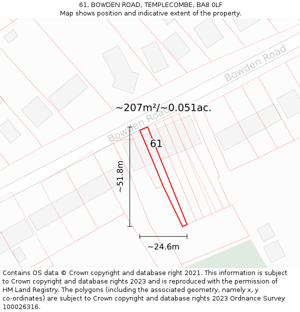 61, BOWDEN ROAD, TEMPLECOMBE, BA8 0LF: Plot and title map
