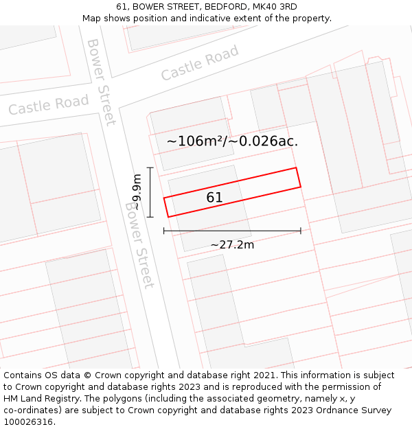 61, BOWER STREET, BEDFORD, MK40 3RD: Plot and title map