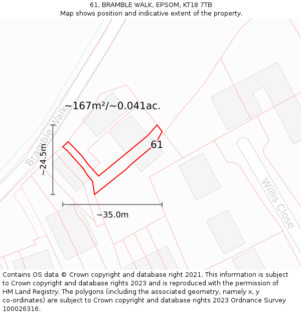 61, BRAMBLE WALK, EPSOM, KT18 7TB: Plot and title map