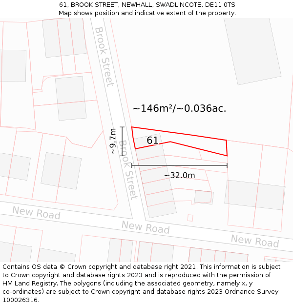 61, BROOK STREET, NEWHALL, SWADLINCOTE, DE11 0TS: Plot and title map