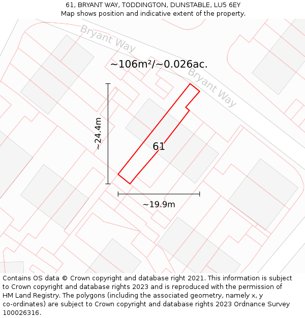 61, BRYANT WAY, TODDINGTON, DUNSTABLE, LU5 6EY: Plot and title map