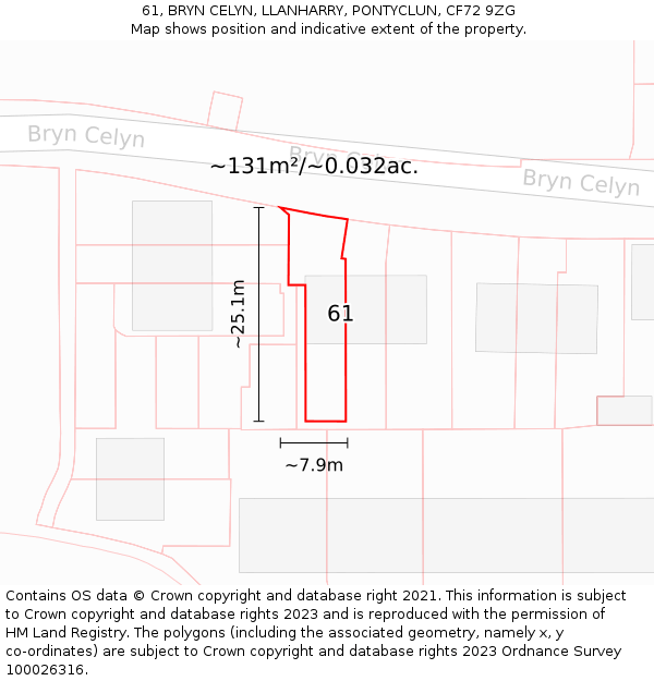 61, BRYN CELYN, LLANHARRY, PONTYCLUN, CF72 9ZG: Plot and title map