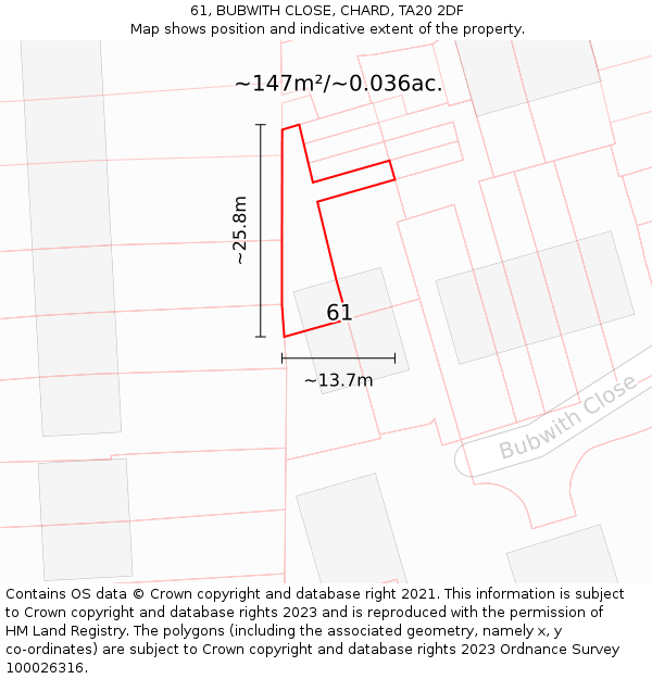 61, BUBWITH CLOSE, CHARD, TA20 2DF: Plot and title map