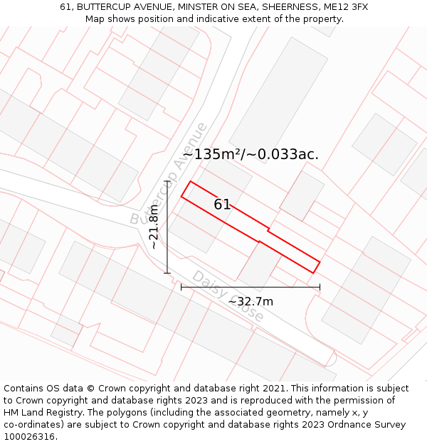 61, BUTTERCUP AVENUE, MINSTER ON SEA, SHEERNESS, ME12 3FX: Plot and title map