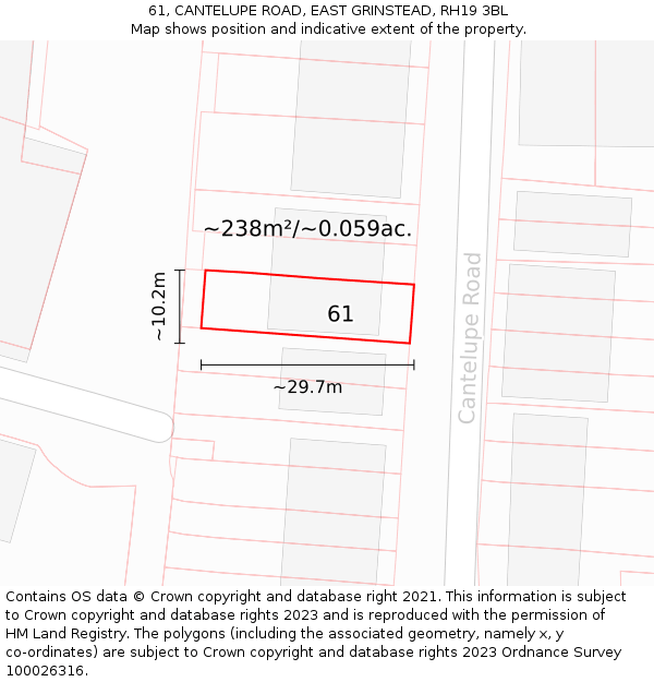 61, CANTELUPE ROAD, EAST GRINSTEAD, RH19 3BL: Plot and title map