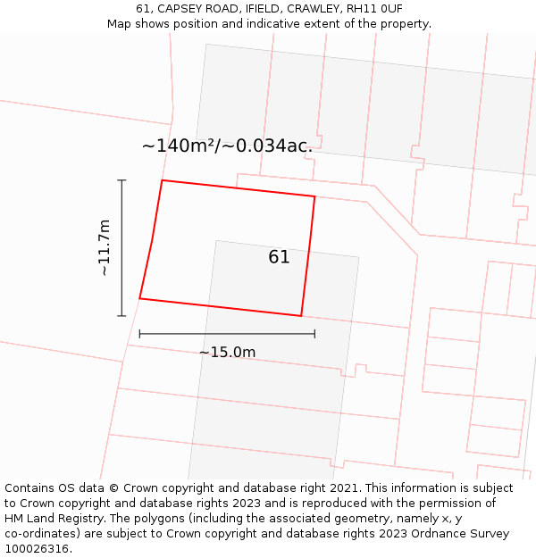 61, CAPSEY ROAD, IFIELD, CRAWLEY, RH11 0UF: Plot and title map