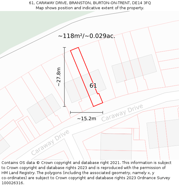 61, CARAWAY DRIVE, BRANSTON, BURTON-ON-TRENT, DE14 3FQ: Plot and title map