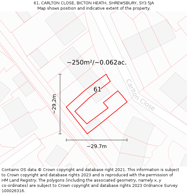 61, CARLTON CLOSE, BICTON HEATH, SHREWSBURY, SY3 5JA: Plot and title map