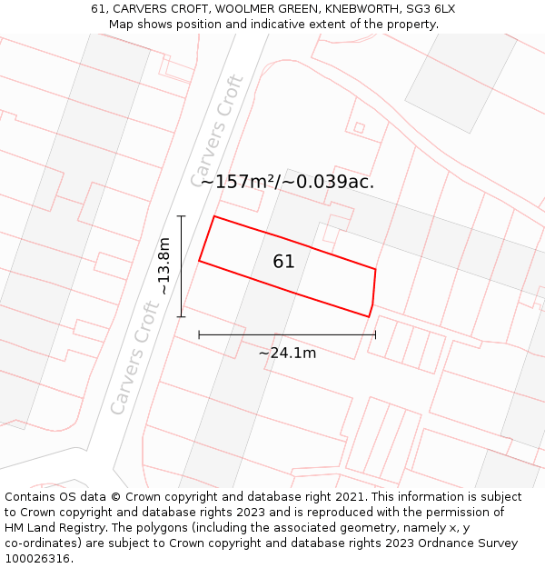 61, CARVERS CROFT, WOOLMER GREEN, KNEBWORTH, SG3 6LX: Plot and title map