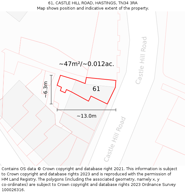 61, CASTLE HILL ROAD, HASTINGS, TN34 3RA: Plot and title map