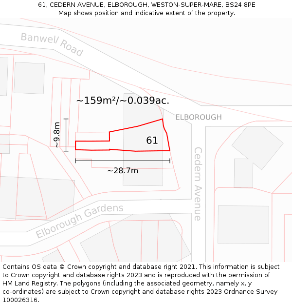 61, CEDERN AVENUE, ELBOROUGH, WESTON-SUPER-MARE, BS24 8PE: Plot and title map
