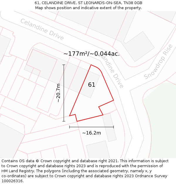 61, CELANDINE DRIVE, ST LEONARDS-ON-SEA, TN38 0GB: Plot and title map