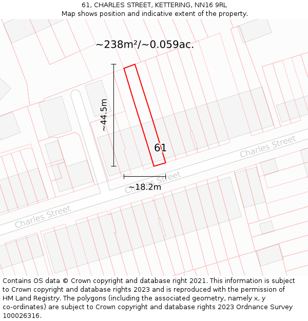 61, CHARLES STREET, KETTERING, NN16 9RL: Plot and title map