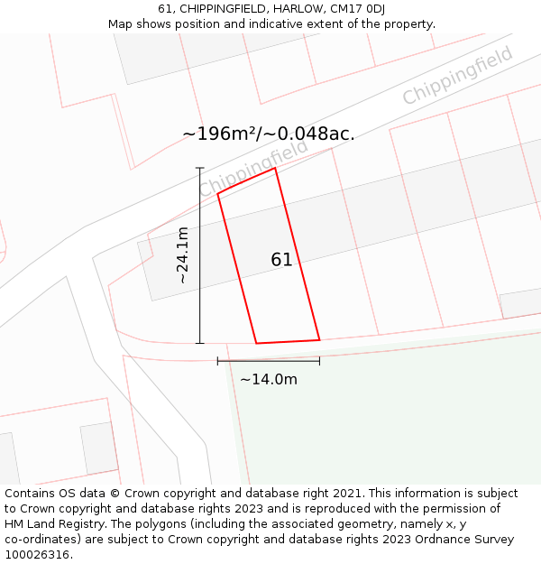 61, CHIPPINGFIELD, HARLOW, CM17 0DJ: Plot and title map