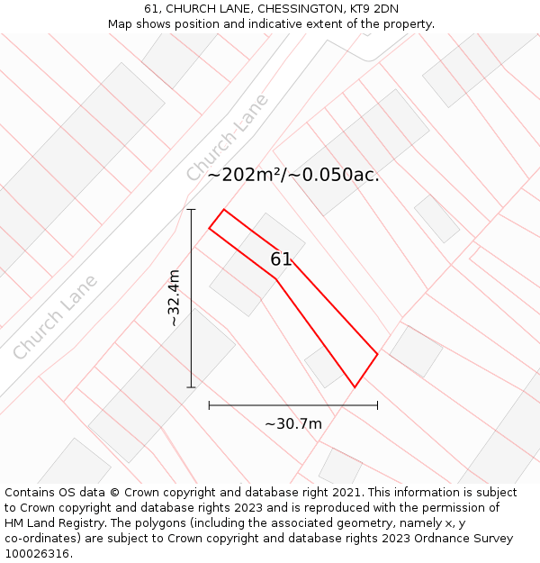 61, CHURCH LANE, CHESSINGTON, KT9 2DN: Plot and title map