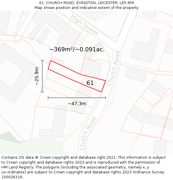 61, CHURCH ROAD, EVINGTON, LEICESTER, LE5 6FA: Plot and title map