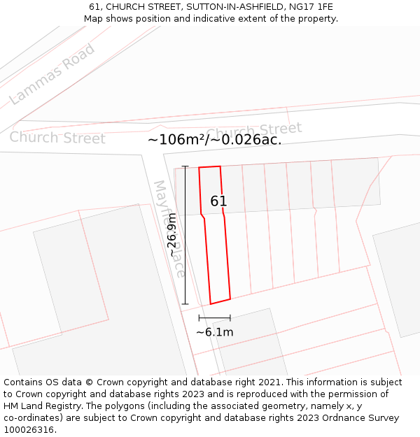 61, CHURCH STREET, SUTTON-IN-ASHFIELD, NG17 1FE: Plot and title map