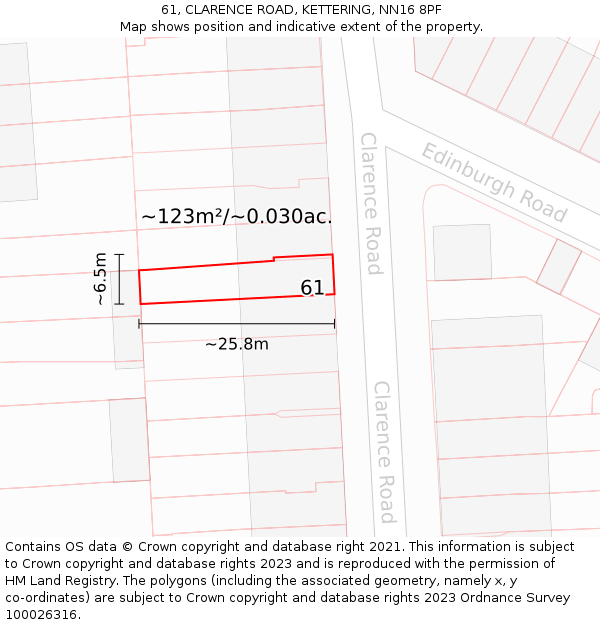 61, CLARENCE ROAD, KETTERING, NN16 8PF: Plot and title map