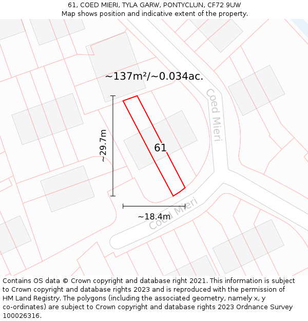 61, COED MIERI, TYLA GARW, PONTYCLUN, CF72 9UW: Plot and title map