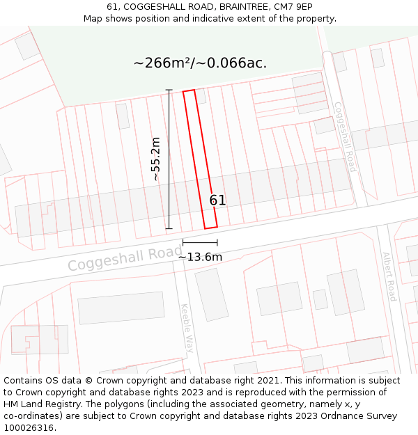 61, COGGESHALL ROAD, BRAINTREE, CM7 9EP: Plot and title map