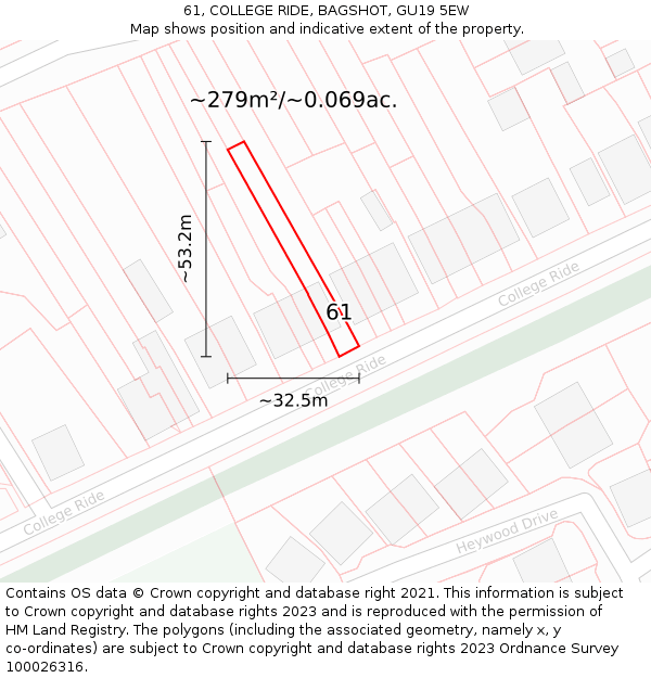 61, COLLEGE RIDE, BAGSHOT, GU19 5EW: Plot and title map